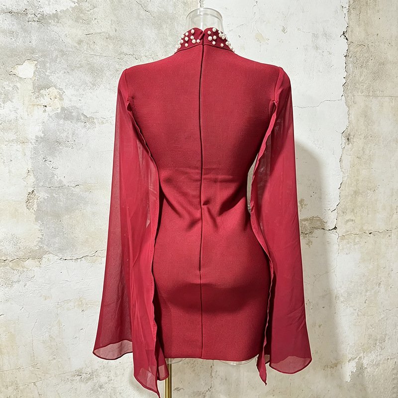 Burgundy Rhinestone Mini Dress Women's Turtleneck Bell Sleeve Bodycon - Styeenigma