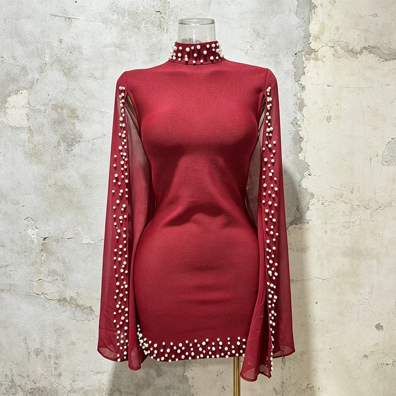 Burgundy Rhinestone Mini Dress Women's Turtleneck Bell Sleeve Bodycon - Styeenigma