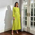 Casual Pastoral Maxi Dress Women's Round Neck Embroidered High Waist Pleated Long Dress - Styeenigma