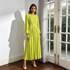 Casual Pastoral Maxi Dress Women's Round Neck Embroidered High Waist Pleated Long Dress - Styeenigma