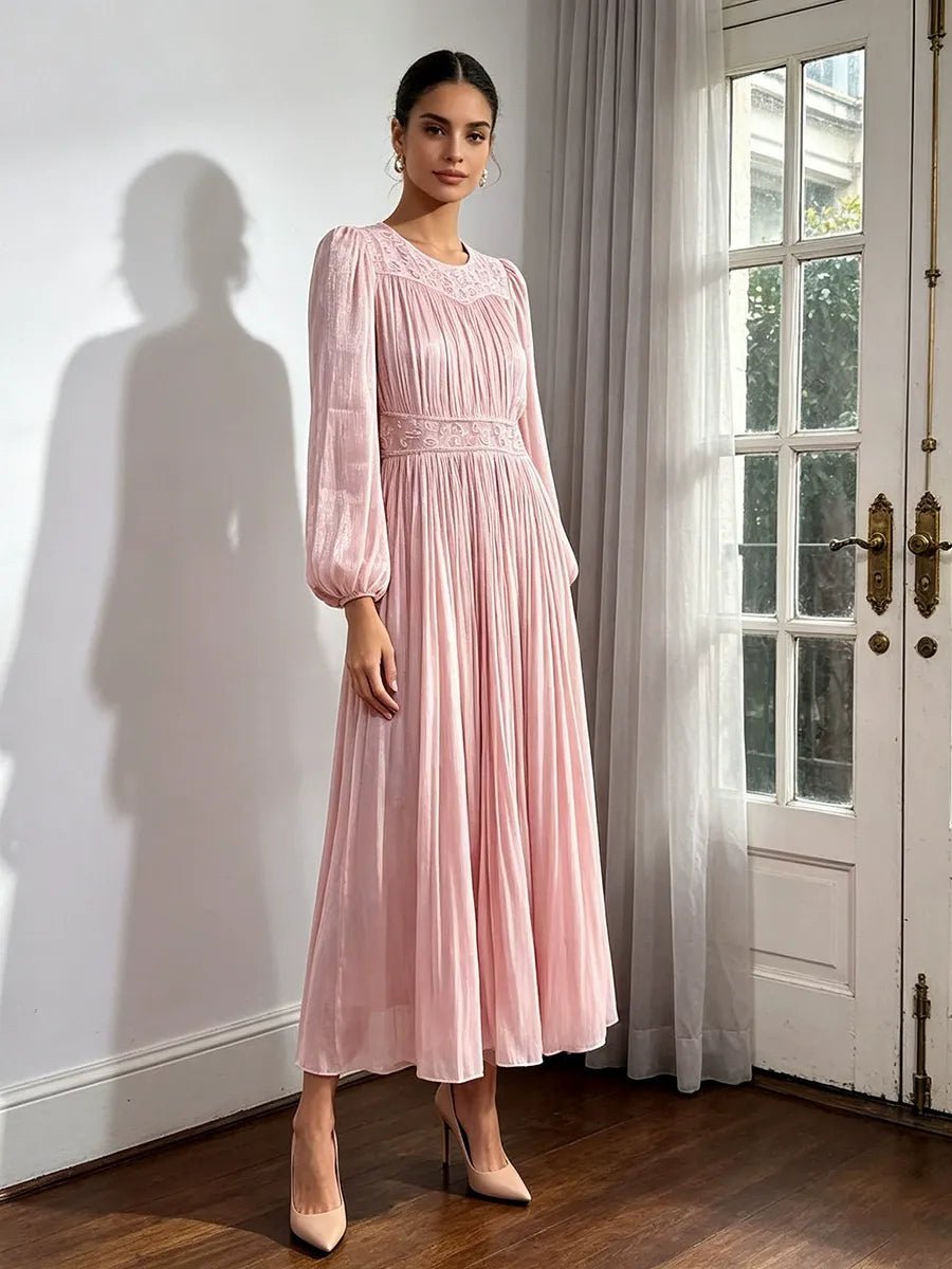 Casual Pastoral Maxi Dress Women's Round Neck Embroidered High Waist Pleated Long Dress - Styeenigma