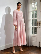 Casual Pastoral Maxi Dress Women's Round Neck Embroidered High Waist Pleated Long Dress - Styeenigma