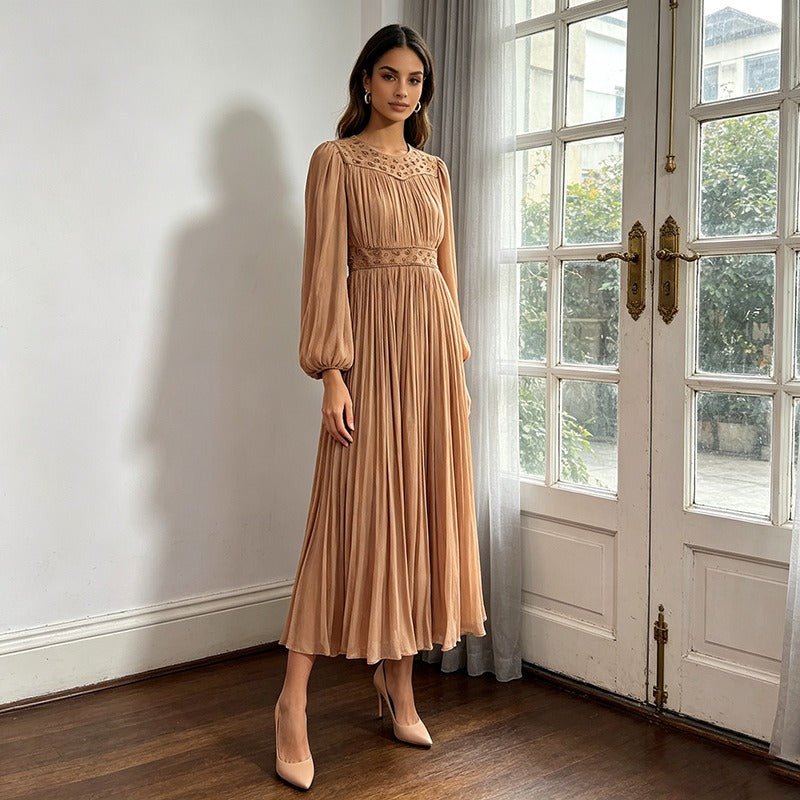 Casual Pastoral Maxi Dress Women's Round Neck Embroidered High Waist Pleated Long Dress - Styeenigma