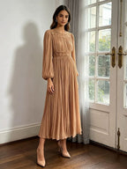 Casual Pastoral Maxi Dress Women's Round Neck Embroidered High Waist Pleated Long Dress - Styeenigma