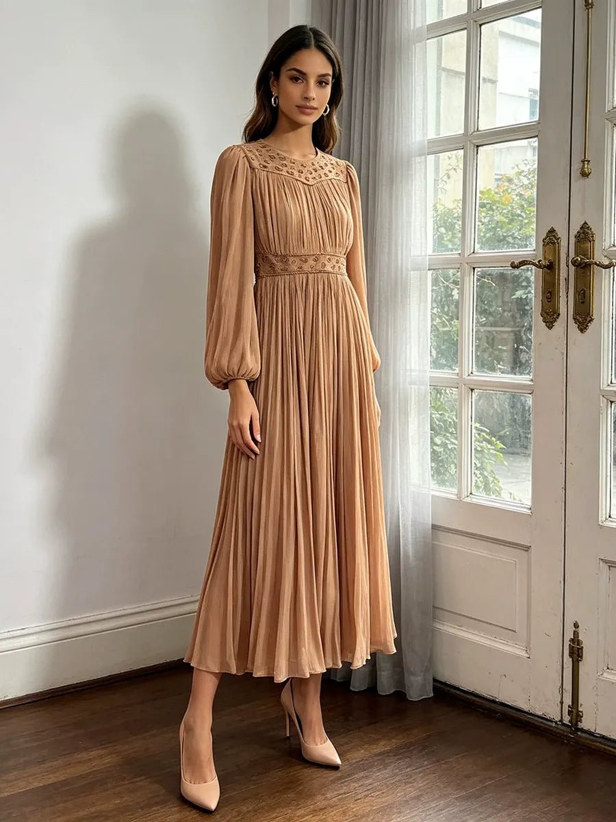 Casual Pastoral Maxi Dress Women's Round Neck Embroidered High Waist Pleated Long Dress - Styeenigma