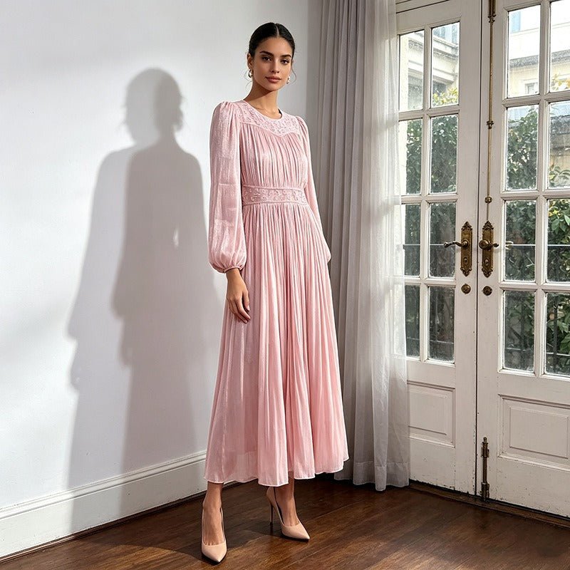 Casual Pastoral Maxi Dress Women's Round Neck Embroidered High Waist Pleated Long Dress - Styeenigma