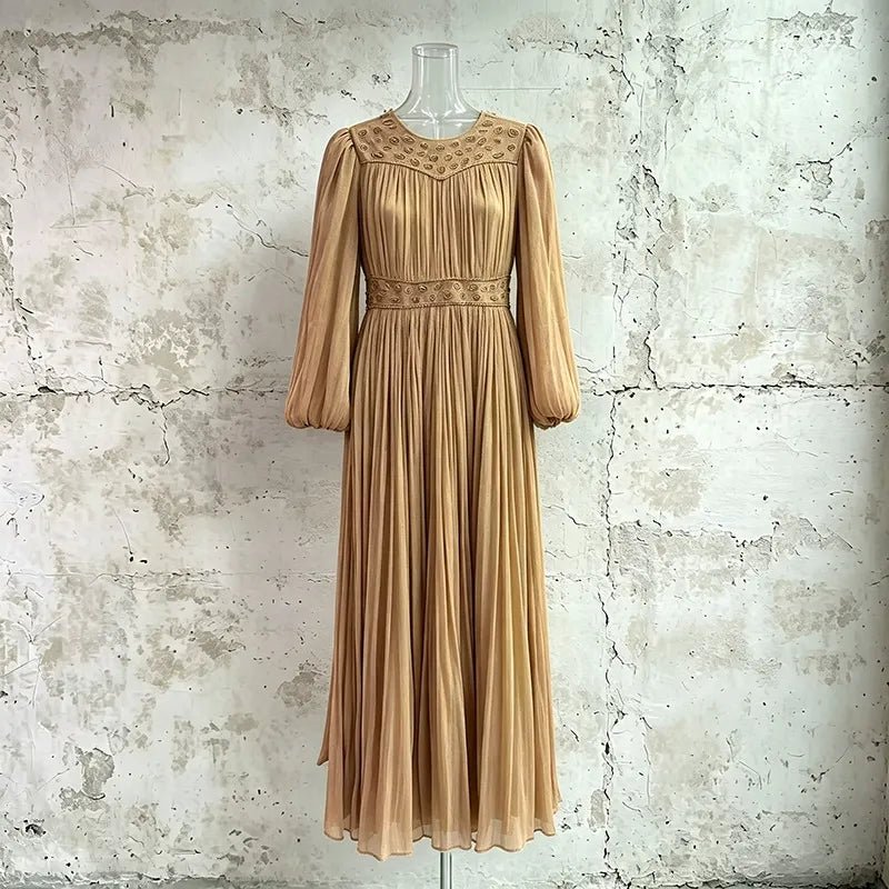 Casual Pastoral Maxi Dress Women's Round Neck Embroidered High Waist Pleated Long Dress - Styeenigma