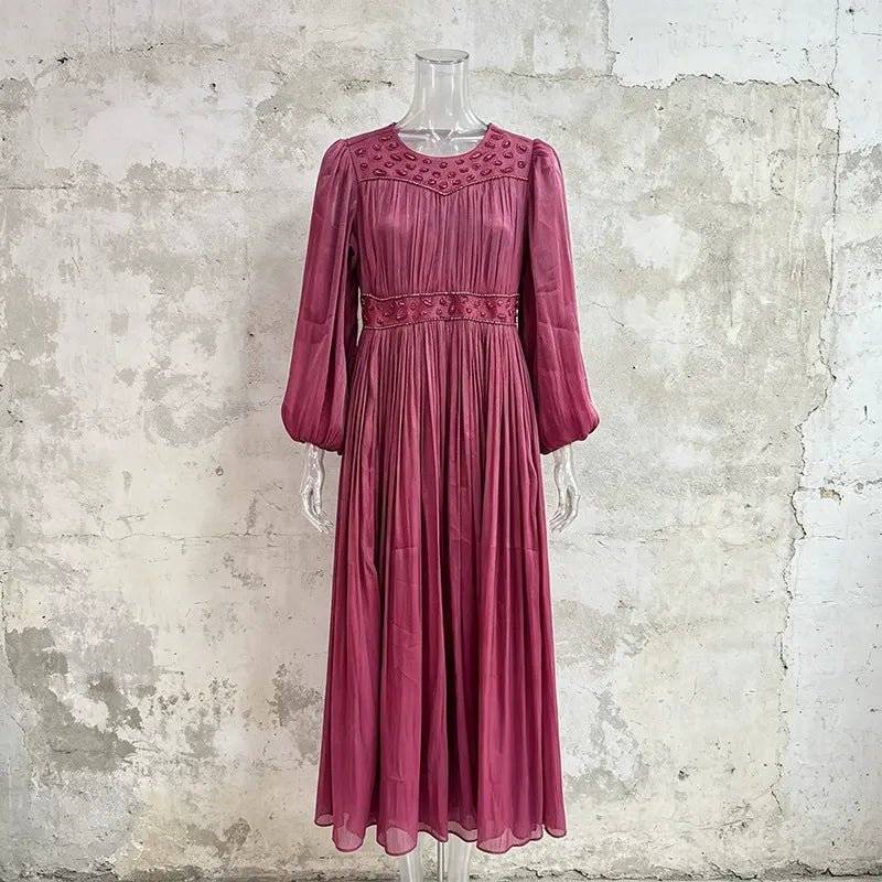 Casual Pastoral Maxi Dress Women's Round Neck Embroidered High Waist Pleated Long Dress - Styeenigma