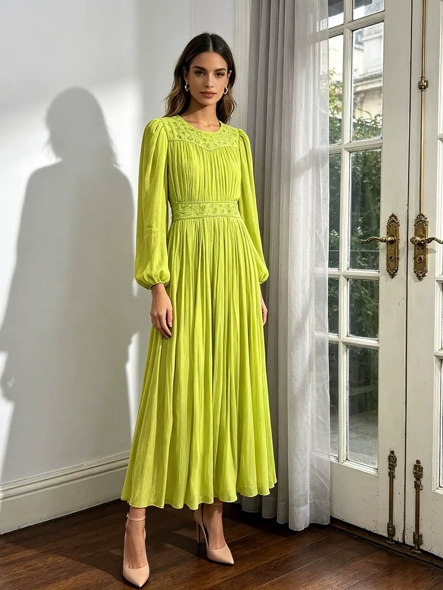 Casual Pastoral Maxi Dress Women's Round Neck Embroidered High Waist Pleated Long Dress - Styeenigma