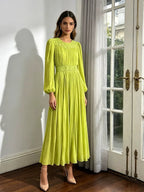 Casual Pastoral Maxi Dress Women's Round Neck Embroidered High Waist Pleated Long Dress - Styeenigma