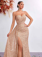 Strapless Sequin Mermaid Gown with High Slit – Elegant Evening Dress for Formal Events - Styeenigma