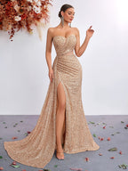 Strapless Sequin Mermaid Gown with High Slit – Elegant Evening Dress for Formal Events - Styeenigma