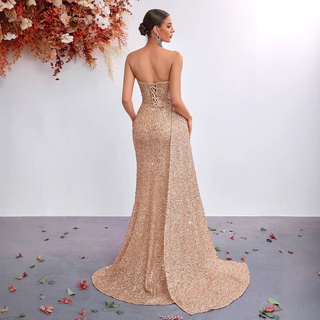 Strapless Sequin Mermaid Gown with High Slit – Elegant Evening Dress for Formal Events - Styeenigma