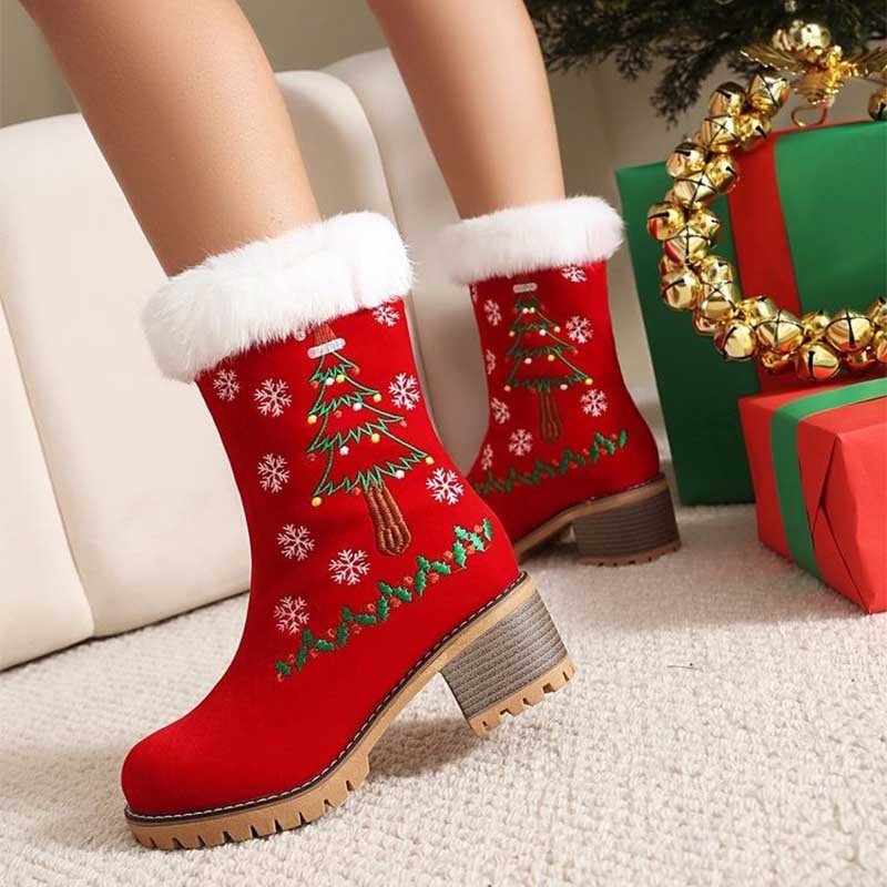 Christmas Ankle Boots Faux Fur Suede Block Heel | Red, White, Black, Khaki - Styeenigma