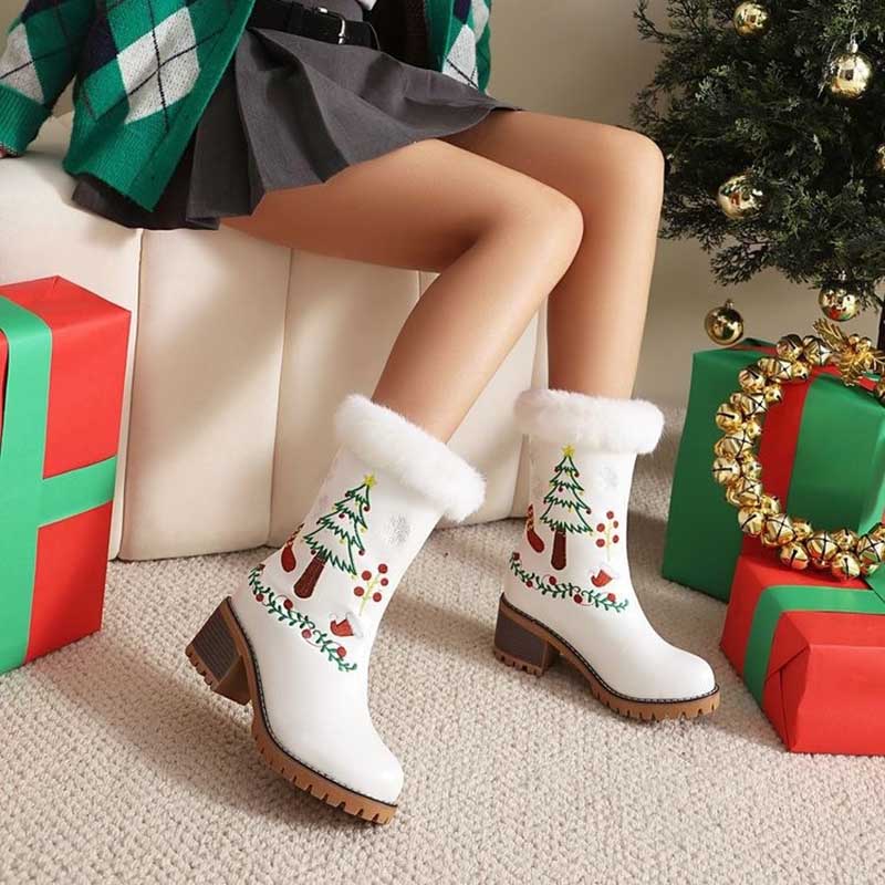 Christmas Ankle Boots Faux Fur Suede Block Heel | Red, White, Black, Khaki - Styeenigma