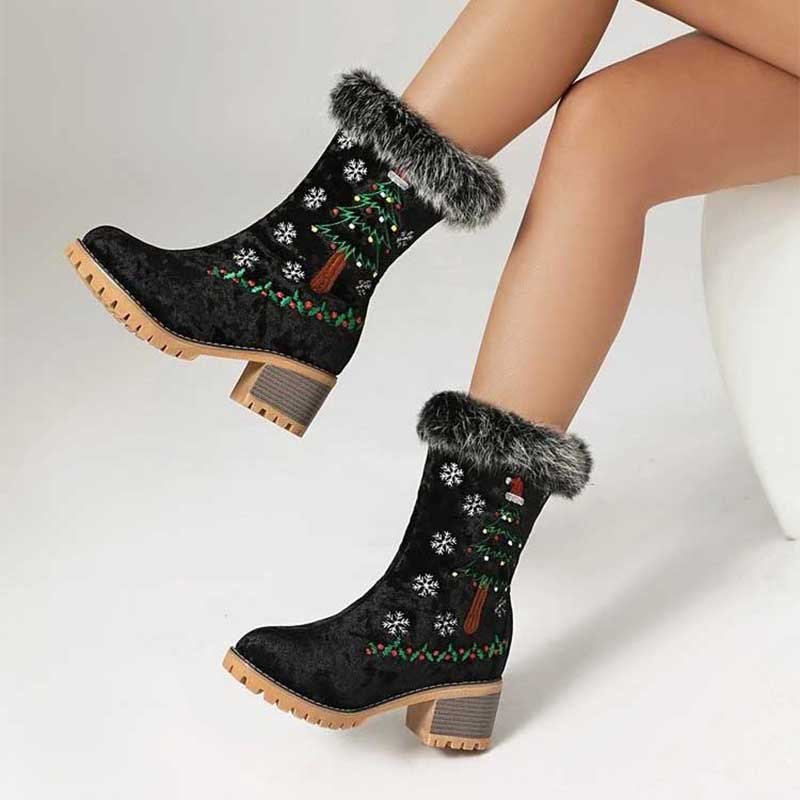 Christmas Ankle Boots Faux Fur Suede Block Heel | Red, White, Black, Khaki - Styeenigma