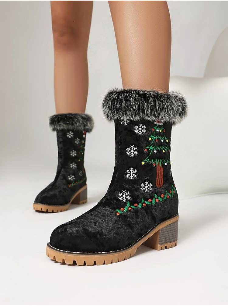 Christmas Ankle Boots Faux Fur Suede Block Heel | Red, White, Black, Khaki - Styeenigma
