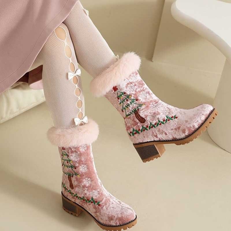 Christmas Ankle Boots Faux Fur Suede Block Heel | Red, White, Black, Khaki - Styeenigma
