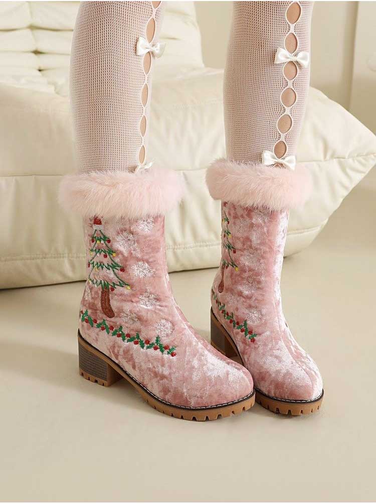 Christmas Ankle Boots Faux Fur Suede Block Heel | Red, White, Black, Khaki - Styeenigma