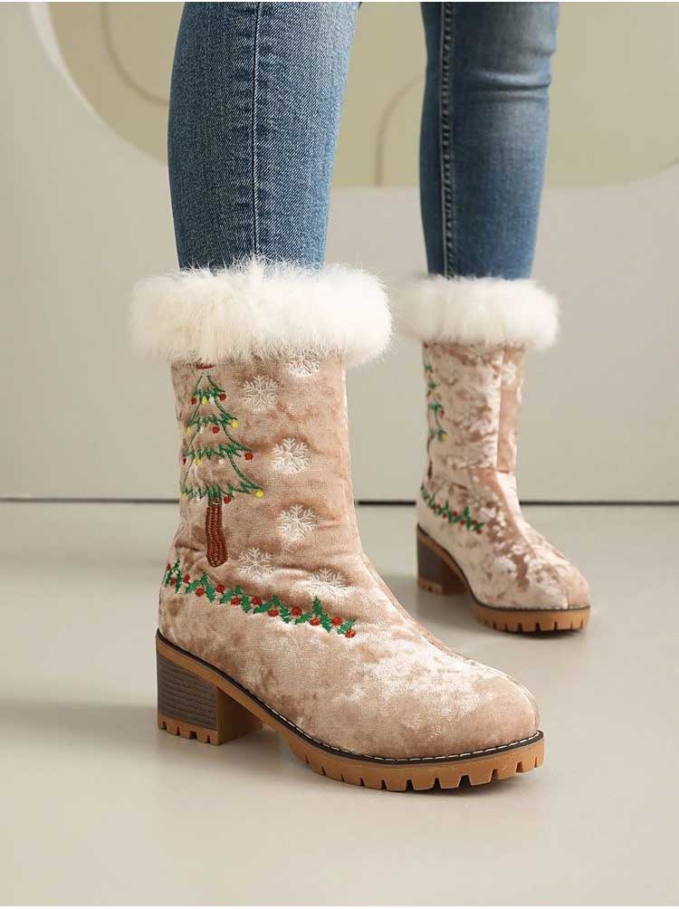 Christmas Ankle Boots Faux Fur Suede Block Heel | Red, White, Black, Khaki