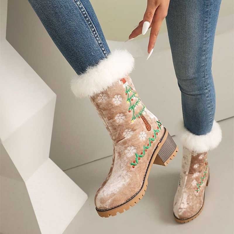 Christmas Ankle Boots Faux Fur Suede Block Heel | Red, White, Black, Khaki - Styeenigma