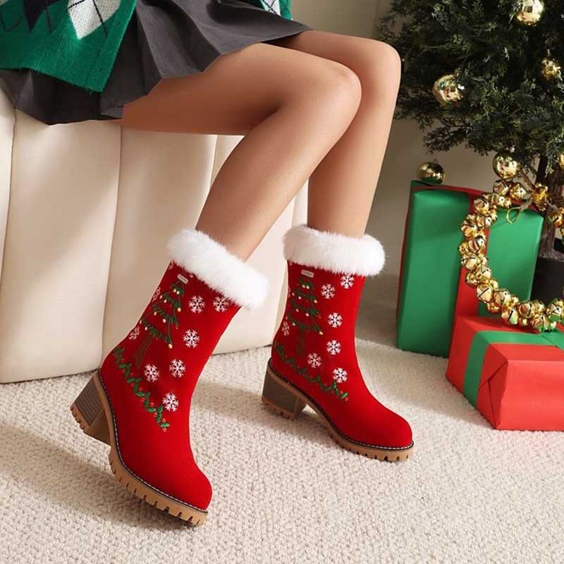 Christmas Ankle Boots Faux Fur Suede Block Heel | Red, White, Black, Khaki - Styeenigma