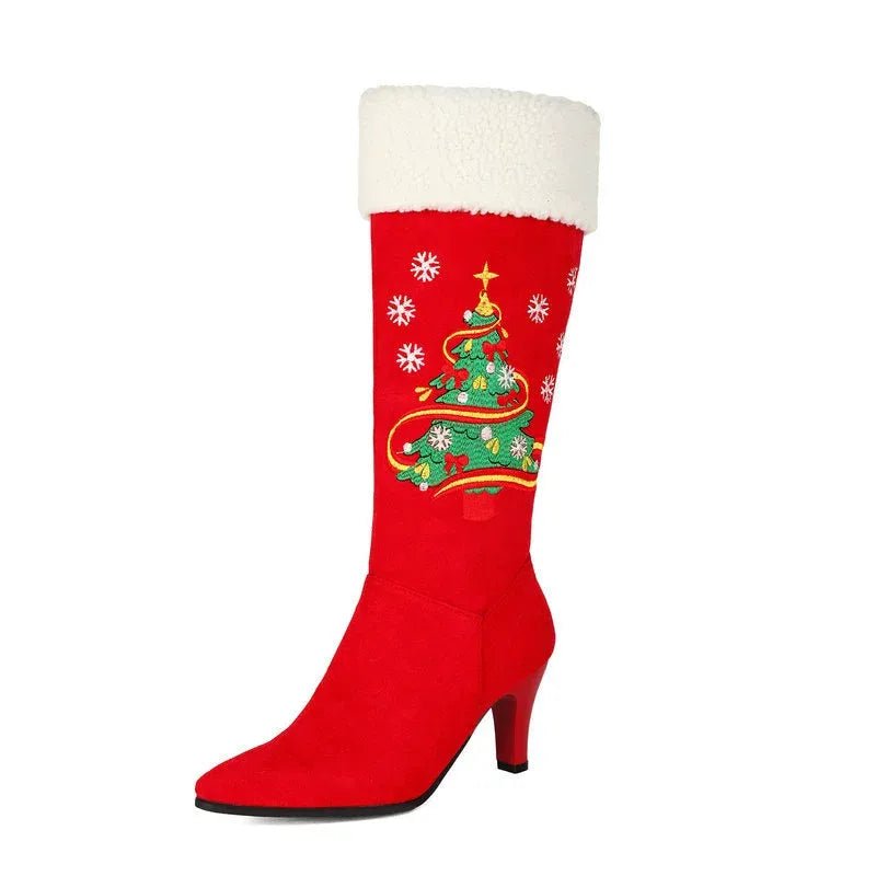 Christmas Tree Embroidered Knee High Boots Suede Stiletto Heel Bootie
