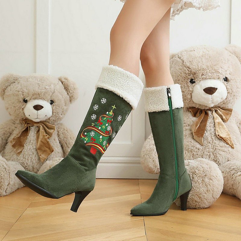 Christmas Tree Embroidered Knee High Boots Suede Stiletto Heel Bootie