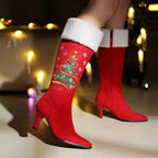 Christmas Tree Embroidered Knee High Boots Suede Stiletto Heel Bootie