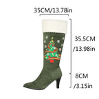Christmas Tree Embroidered Knee High Boots Suede Stiletto Heel Bootie