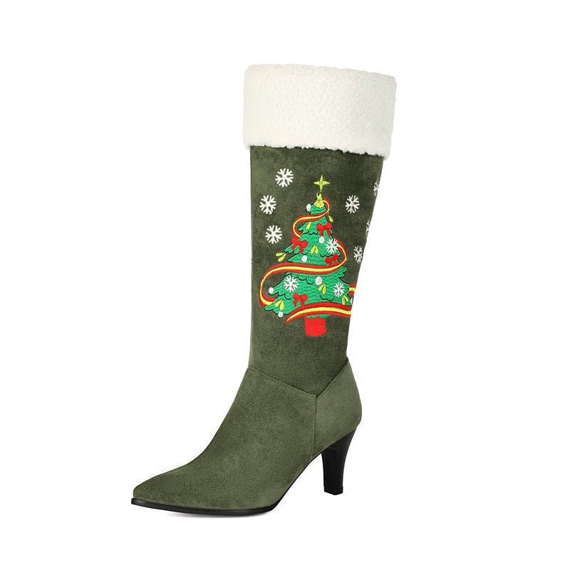 Christmas Tree Embroidered Knee High Boots Suede Stiletto Heel Bootie - Styeenigma