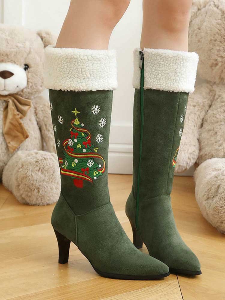 Christmas Tree Embroidered Knee High Boots Suede Stiletto Heel Bootie