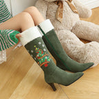 Christmas Tree Embroidered Knee High Boots Suede Stiletto Heel Bootie