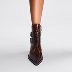 Wine Red & Brown Croc Embossed Ankle Boots Double Buckle Pointed Toe Shoes - Styeenigma