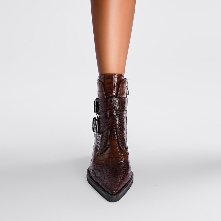 Wine Red & Brown Croc Embossed Ankle Boots Double Buckle Pointed Toe Shoes - Styeenigma