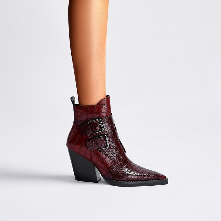 Wine Red & Brown Croc Embossed Ankle Boots Double Buckle Pointed Toe Shoes - Styeenigma