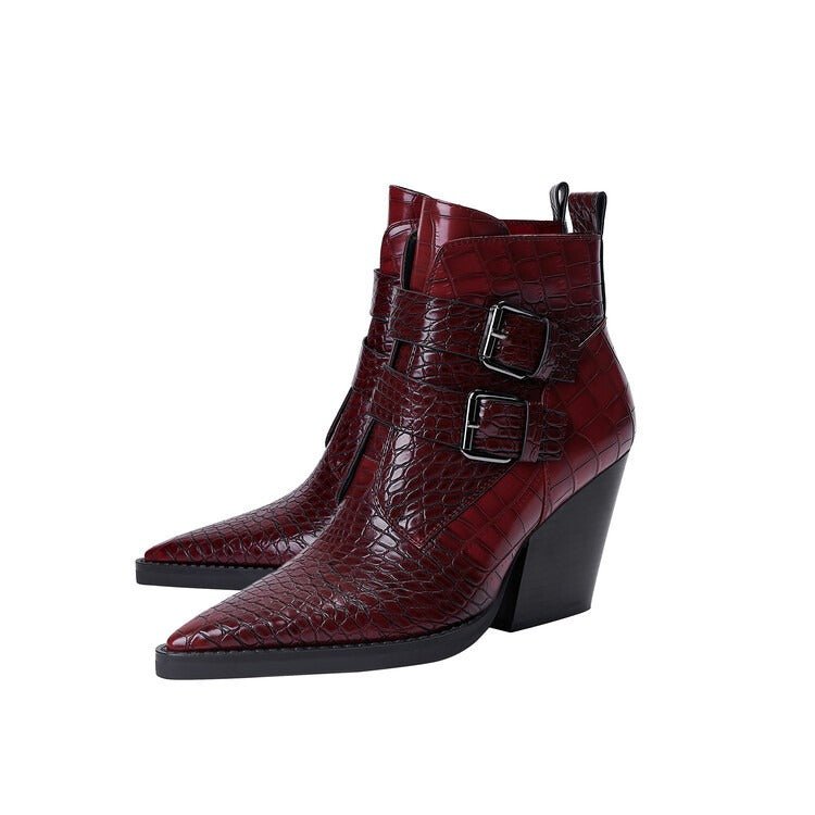 Wine Red & Brown Croc Embossed Ankle Boots Double Buckle Pointed Toe Shoes - Styeenigma