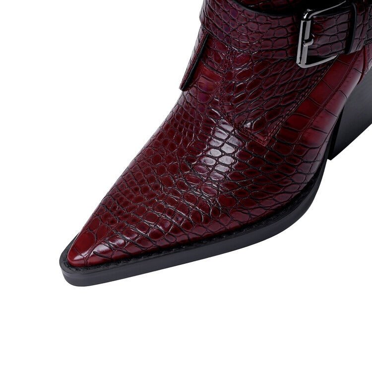Wine Red & Brown Croc Embossed Ankle Boots Double Buckle Pointed Toe Shoes - Styeenigma