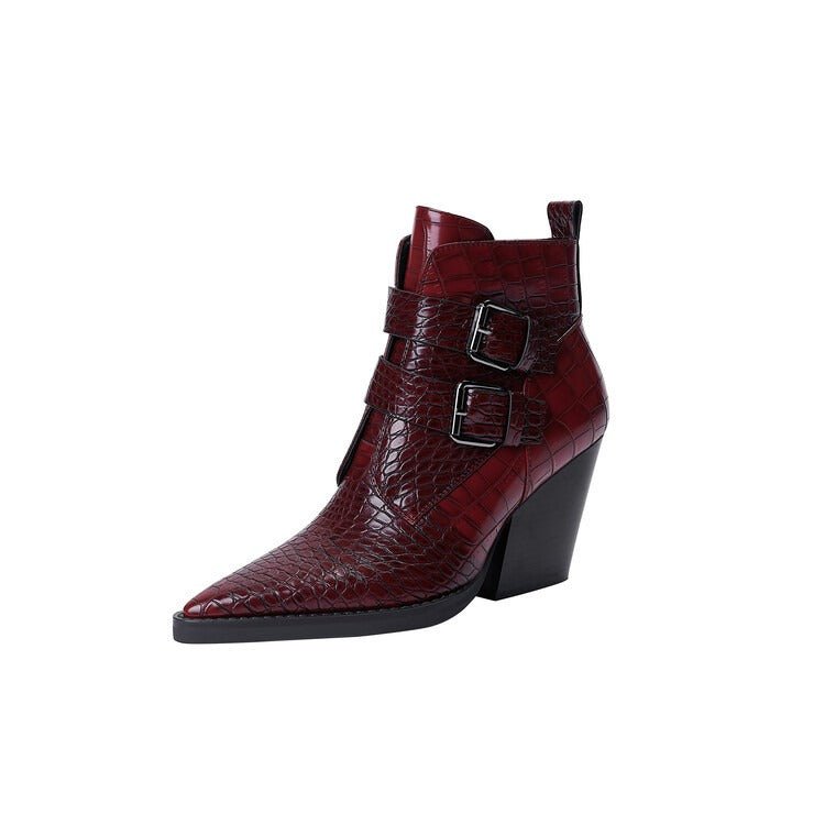 Wine Red & Brown Croc Embossed Ankle Boots Double Buckle Pointed Toe Shoes - Styeenigma