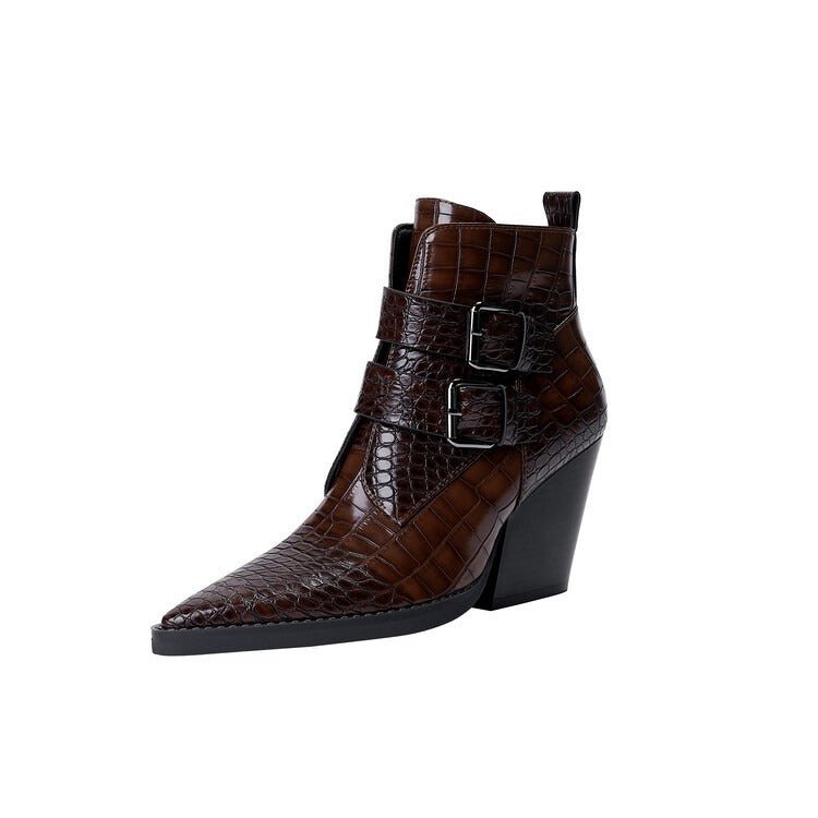 Wine Red & Brown Croc Embossed Ankle Boots Double Buckle Pointed Toe Shoes - Styeenigma