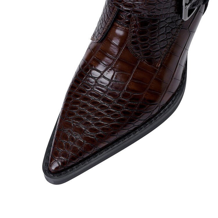 Wine Red & Brown Croc Embossed Ankle Boots Double Buckle Pointed Toe Shoes - Styeenigma