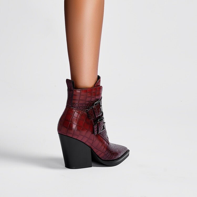 Wine Red & Brown Croc Embossed Ankle Boots Double Buckle Pointed Toe Shoes - Styeenigma