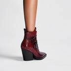 Wine Red & Brown Croc Embossed Ankle Boots Double Buckle Pointed Toe Shoes - Styeenigma