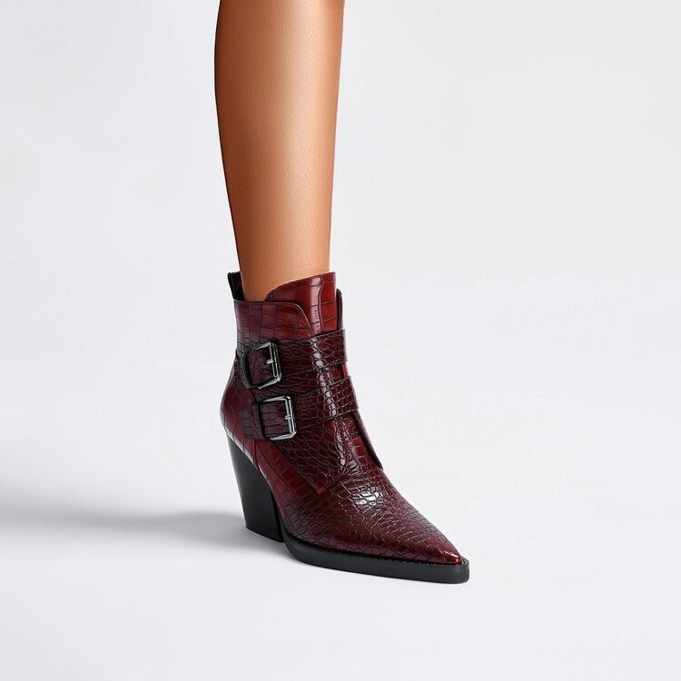 Wine Red & Brown Croc Embossed Ankle Boots Double Buckle Pointed Toe Shoes - Styeenigma