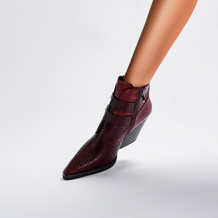 Wine Red & Brown Croc Embossed Ankle Boots Double Buckle Pointed Toe Shoes - Styeenigma
