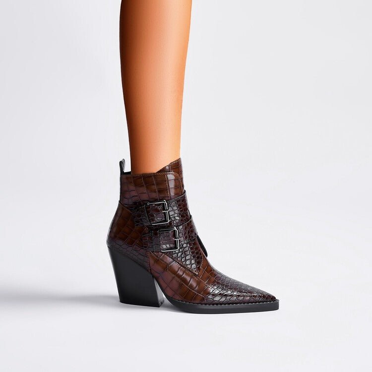 Wine Red & Brown Croc Embossed Ankle Boots Double Buckle Pointed Toe Shoes - Styeenigma