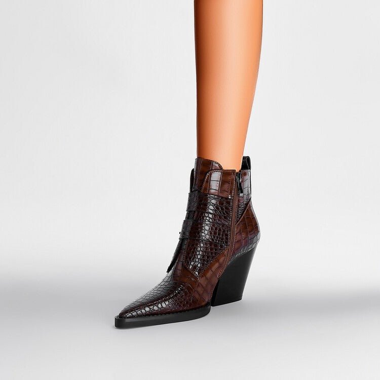 Wine Red & Brown Croc Embossed Ankle Boots Double Buckle Pointed Toe Shoes - Styeenigma