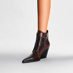 Wine Red & Brown Croc Embossed Ankle Boots Double Buckle Pointed Toe Shoes - Styeenigma