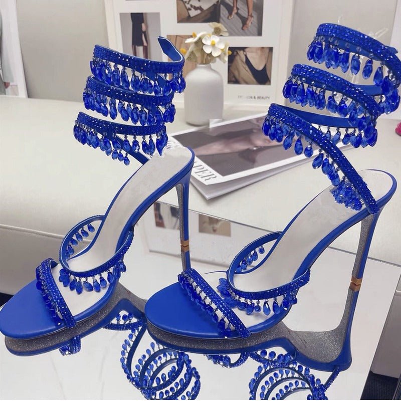Crystal-Embellished Heels – Wrap-Around Rhinestone Gladiator Sandals - Styeenigma