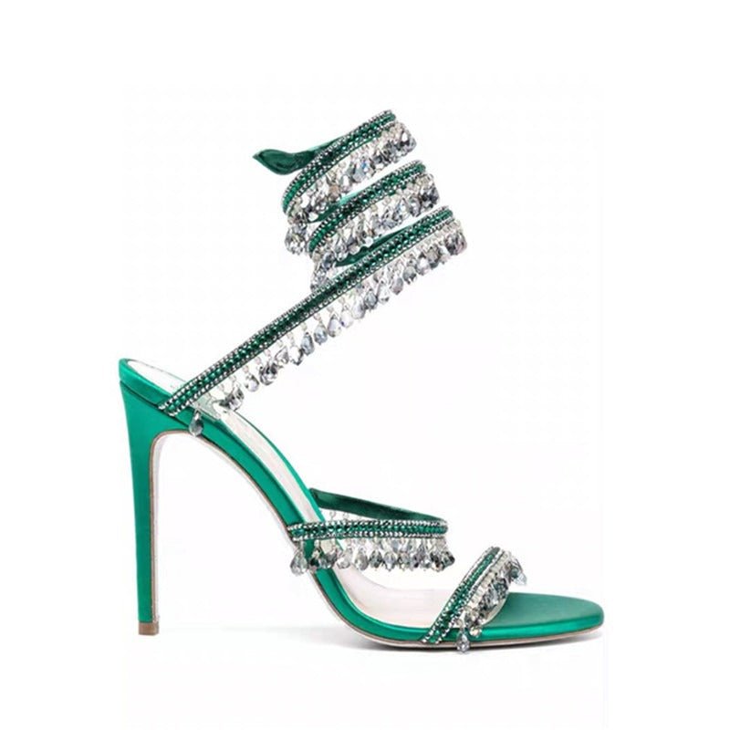 Crystal-Embellished Heels – Wrap-Around Rhinestone Gladiator Sandals - Styeenigma